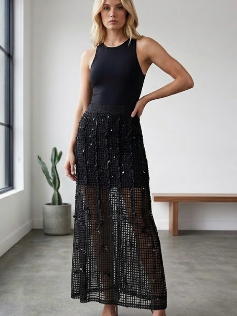 🔴 Black Crochet Maxi Skirt - Contemporary Women’s Skirt